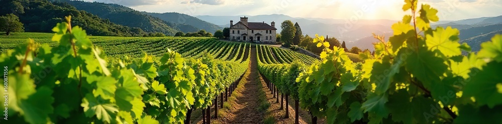 Naklejka premium Sun-Drenched Hillside Vineyard Leading to Stone Winery Lush Green Grapevines in Picturesque Wine Country Setting, Perfect for Wine, Travel, and Holiday Themes.