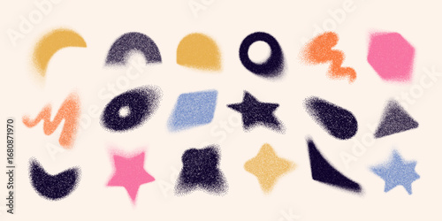 Set of soft grainy shapes, icons, gradations. Abstract isolated figures, noise blurs, various geometric forms, dotted decoration elements, motion effect. Retro design for banner, poster, background.