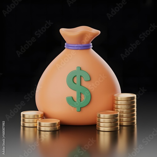 Money bag with stacks of gold coins on a reflective surface