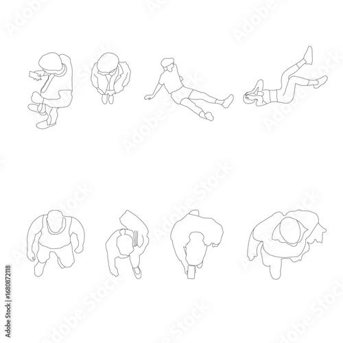 Set of 8 people line art - sitting, working, kids, playing, and daily activities.Perfect topview for architectural plans, design projects and creative illustration.