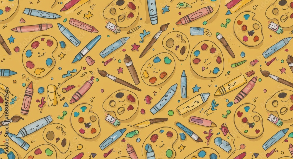 Naklejka premium Artistic Pattern: Crayons Palettes Brushes and Creative Elements.