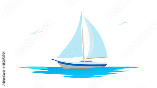 Sailboat sailing on blue water with seagulls ocean
