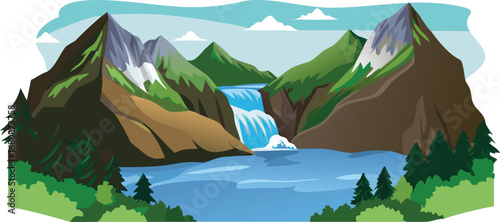 Cartoon illustration of a waterfall cascading down mountains under a clear blue sky