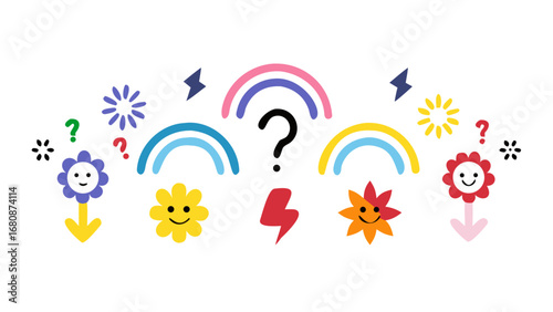 Smiling flowers rainbows lightning bolts question marks