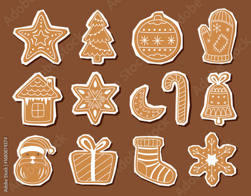 Set of Christmas gingerbread cookies isolated on brown. Christmas objects. Vector flat cliparts.