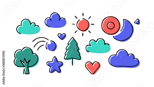Whimsical doodle icons of nature and celestial bodies
