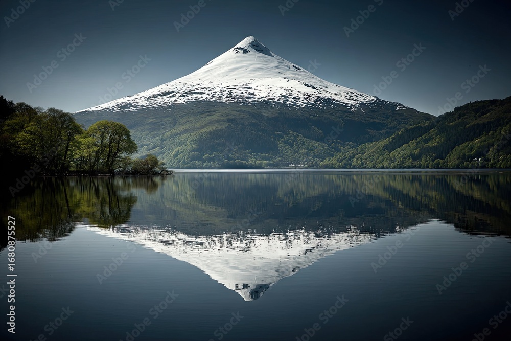 Fototapeta premium Majestic snow-capped peak reflected in a tranquil lake, surrounded by lush green hills