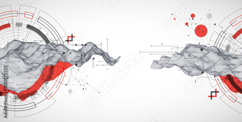 Abstract data background with wireframe wave and circuit lines. Technology concept. Vector