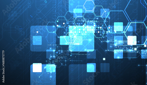 A technical background using technological lines, squares, and hexagons combined into an art composition.