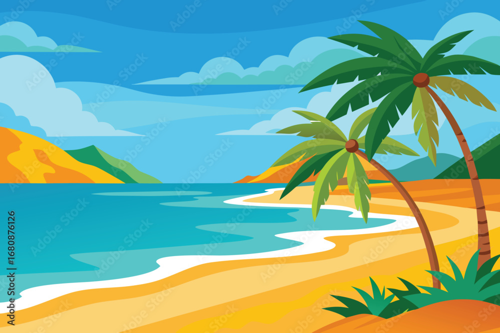 Fototapeta premium Tropical beach scene featuring palm trees swaying beside a vibrant blue sea under a clear sky