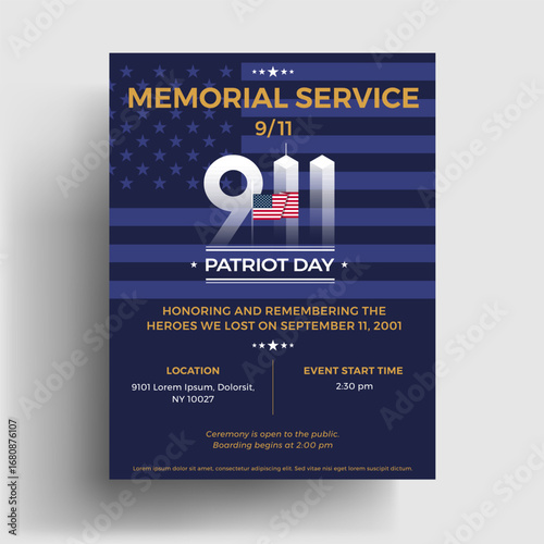 911 Patriot Day Memorial Commemoration Service Invitation template design - for 9/11 Remember and Honor event - typography twin towers illustration, the USA flag, dark blue background, letter format