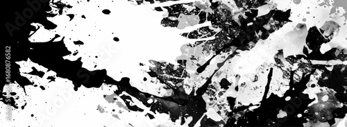 Minimalist black and white grunge texture background with subtle grain, rough brush strokes, abstract ink splashes, vintage film dust, distressed paint stains, and modern artistic border frame