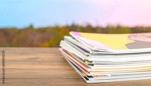 Stack of magazines on a table outdoors