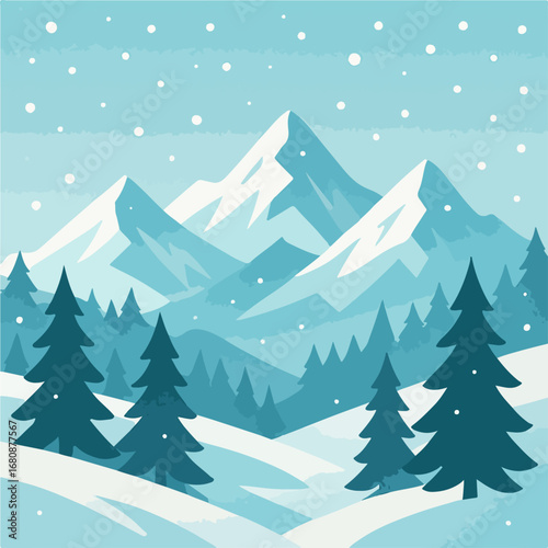 Snowy Winter Landscape With Mountains and Pine Trees in Scenic View