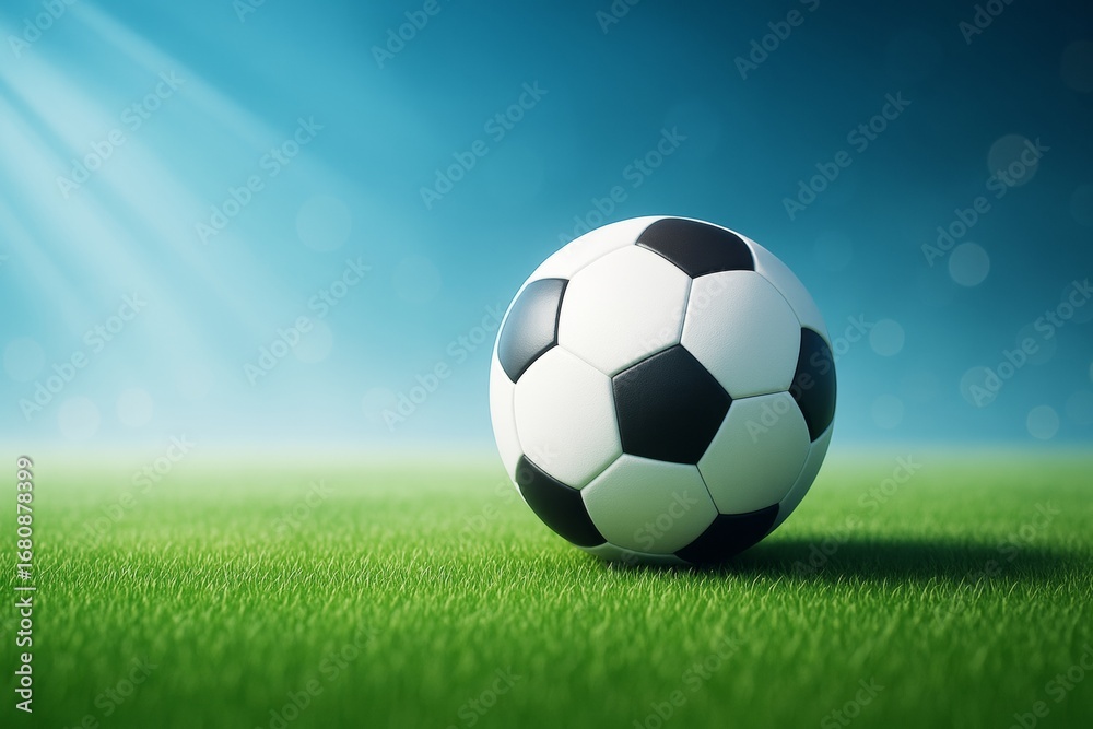 Fototapeta premium Soccer ball on green grass field under soft sunlight with dreamy bokeh background, symbolizing active lifestyle and sports concept.
