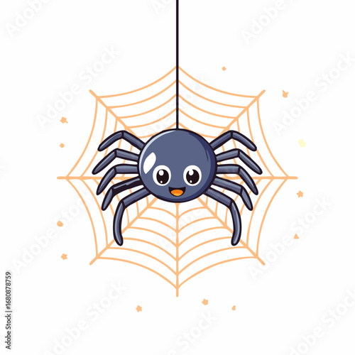 Charming and friendly cartoon spider with big eyes smiling while hanging from a spiderweb. Vector illustration for Halloween or children's themes