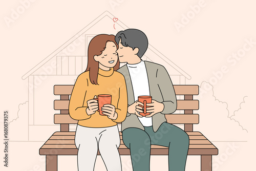 A Romantic Couple Enjoying a Delightful Cup of Coffee While Sitting on a Park Bench