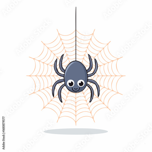 Charming and friendly cartoon spider hanging from a silk thread in front of a delicate orange web, isolated on a white background