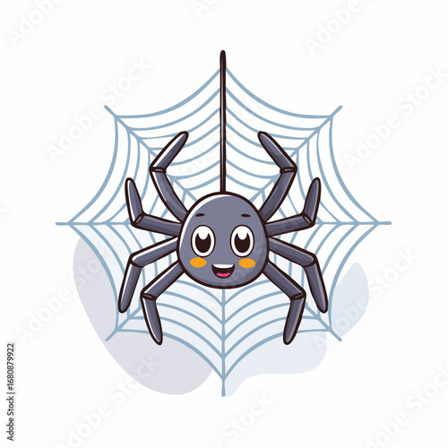 A charming and friendly cartoon spider character with a sweet smile dangling from its intricate web. Cute arachnid mascot illustration isolated on white