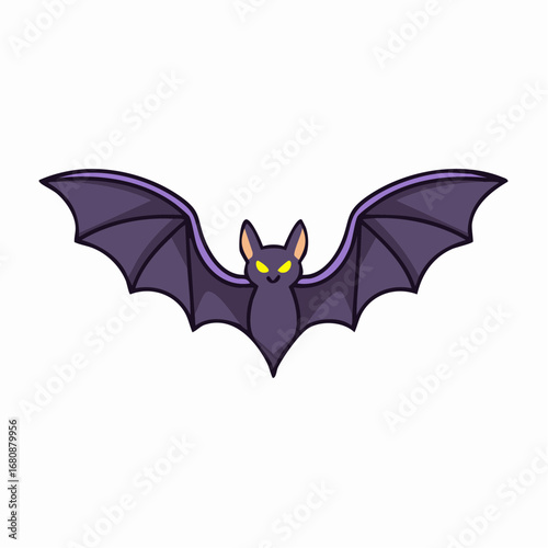 Cute yet spooky purple bat with glowing yellow eyes and spread wings, a classic cartoon illustration for Halloween designs isolated on a white background