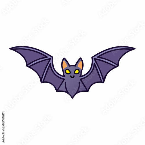 Cute purple cartoon bat with open wings. A friendly Halloween character illustration isolated on a white background