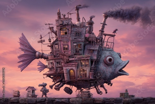 Fish-shaped steampunk house floats on sunrise
