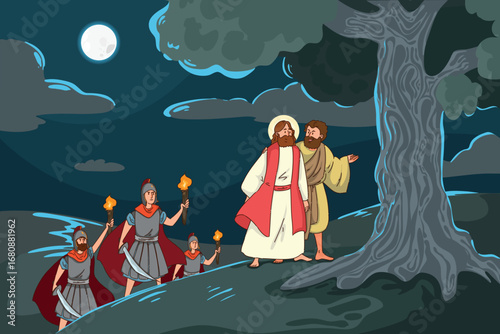 A vivid biblical scene shows Jesus conversing with Roman soldiers at night, filled with drama