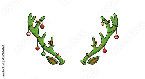 Festive Green Reindeer Antlers with Ornaments.