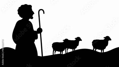 Silhouette of a shepherd with a staff guiding sheep across rolling hills in a monochrome illustration