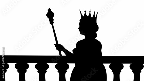 Silhouette of a queen with a crown holding a scepter standing on a balcony in black and white image
