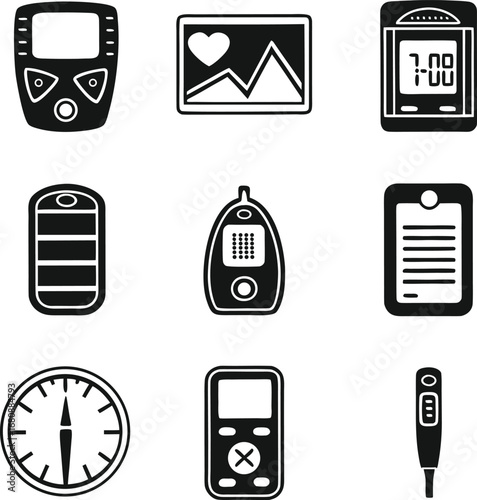 diabetes, glucose, meter, icon, set, for, medical, device, and, health, monitoring, simple, solid, black, vector, science