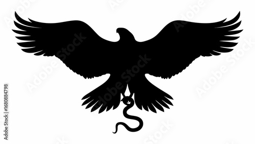 Black silhouette of an eagle with outstretched wings holding a snake in its talons illustration design