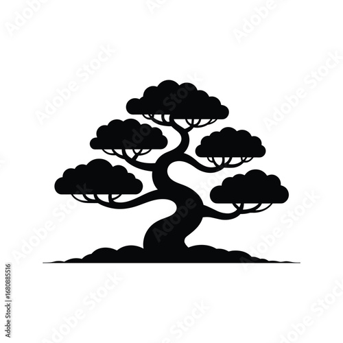 Artistic silhouette of a majestic bonsai tree with lush green foliage and a stylized trunk