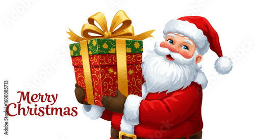 Jolly Santa Claus Holding a Large Christmas Gift.