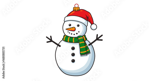 Joyful Snowman in Santa Hat and Green Scarf.