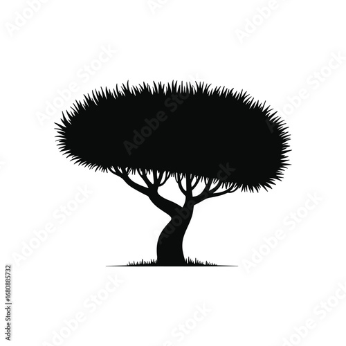 Silhouette of a stylized exotic tree with a dense bushy crown and a thick trunk