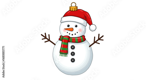 Joyful Snowman in Santa Hat and Scarf.