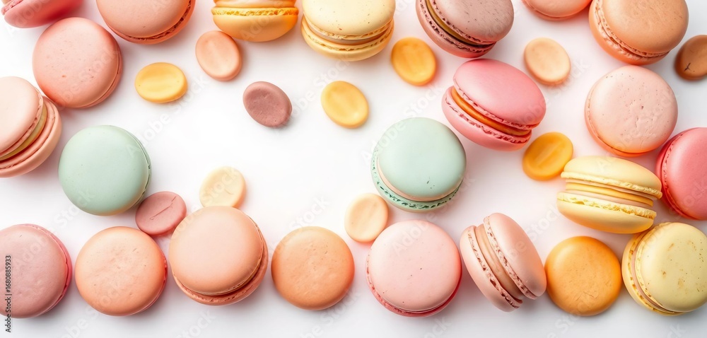 Fototapeta premium Assortment of colorful, delicate macarons on pristine white background, pastel, yellow