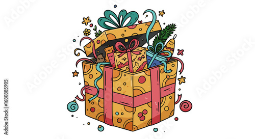 Open Gift Box Overflowing with Ribbons and Confetti.