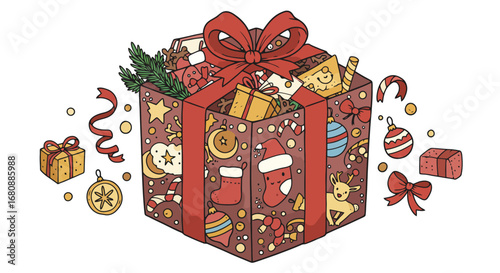 Overflowing Christmas Gift Box with Festive Items.