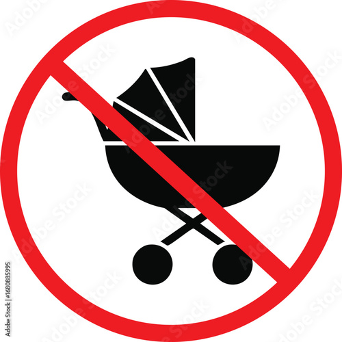 no strollers allowed prohibition sign vector illustration with baby carriage symbol inside red circle and diagonal slash for restriction safety and public notic