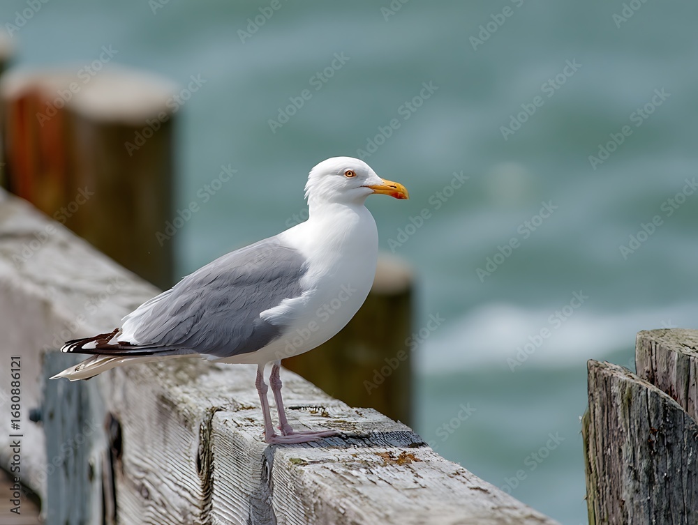 Fototapeta premium seabird resting on wooden structure 
