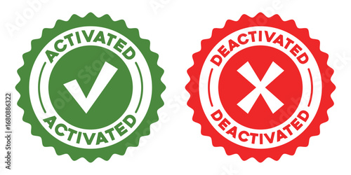 Activated and deactivated status seals with checkmark and cross symbols