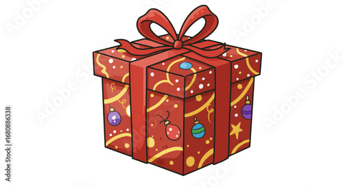 Red gift box with ribbon and festive decorations.