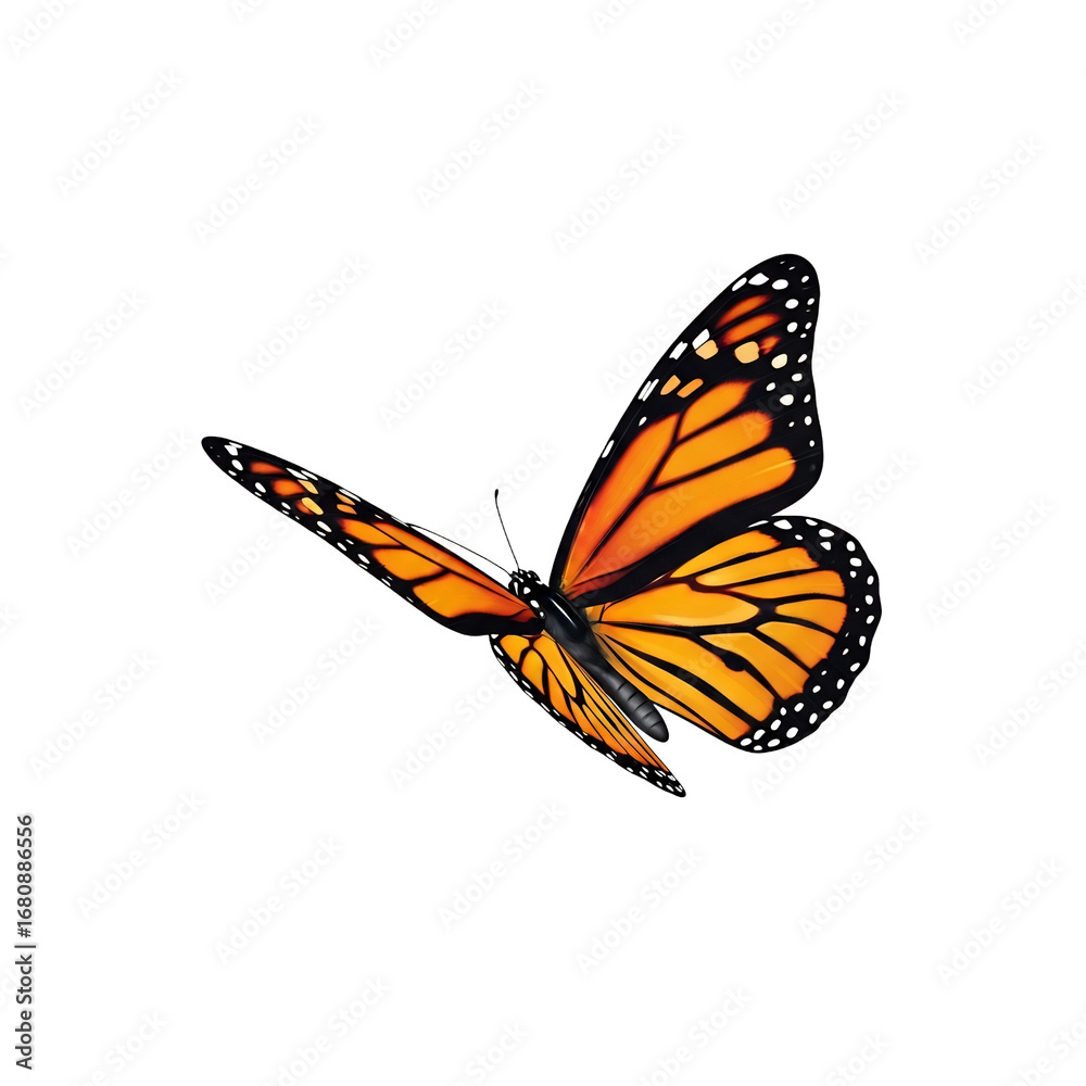 Naklejka premium Monarch Butterfly in Flight with Orange and Black Wing Patterns Isolated.