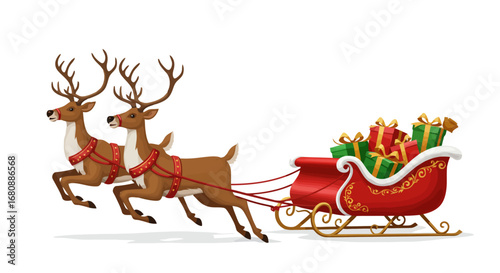Reindeer pulling a Christmas sleigh full of gifts.
