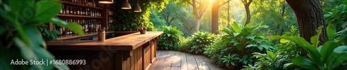 Rustic wooden bar counter nestled amongst lush green foliage, sunlight dappling through leaves Perfect for a nature-themed bar, restaurant, or pub concept , bamboo, light, ecology