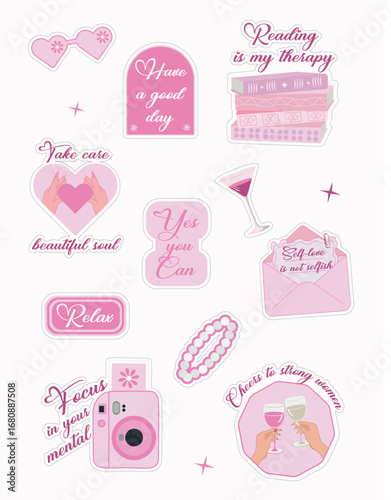 Vector feminine sticker pack in pink with self love and motivational quotes, books, instant camera, cocktail glass, hearts and positive affirmations, cute lifestyle planner stickers for women empowerm