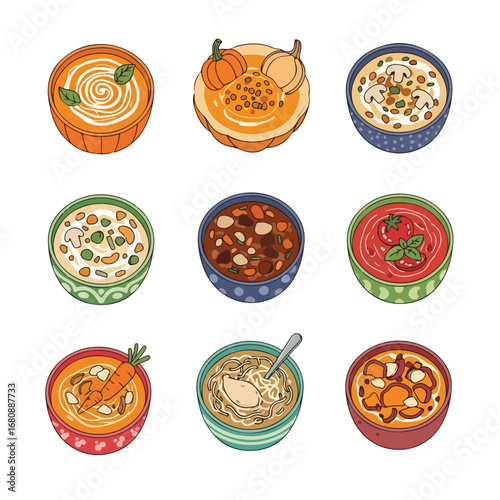 A collection of nine deliciously illustrated dishes in round bowls ready to eat