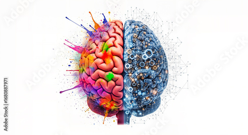 Creative brain versus digital AI brain as a fusion of art and technology. Left and right brain with logic, innovation, and artificial intelligence creativity. Creative vs digital brain concept.